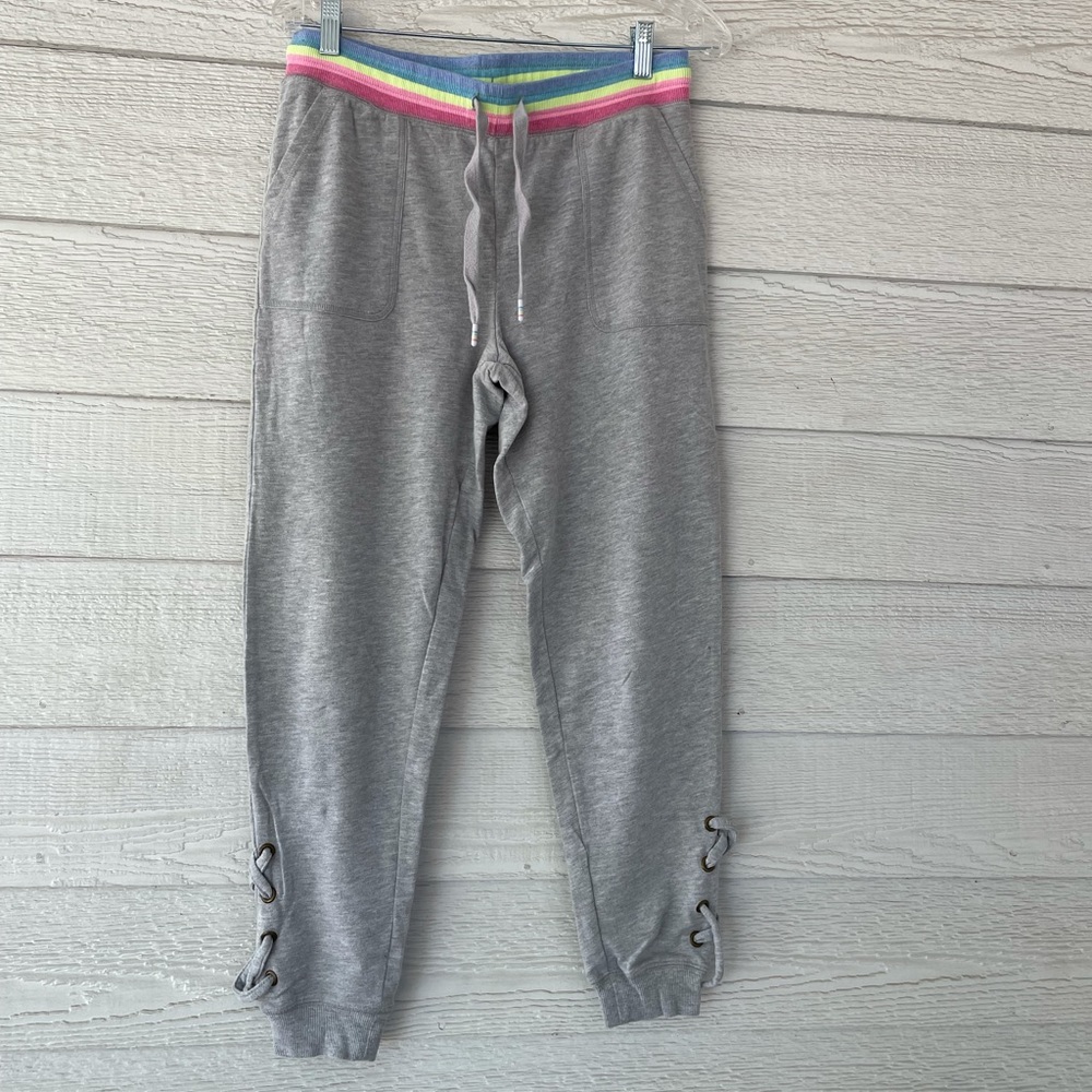 Gray joggers with rainbow waistband and ties